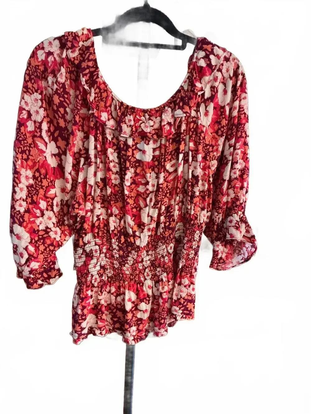 #FP099 Free People Floral Smocked Peasant Blouse, Size XL